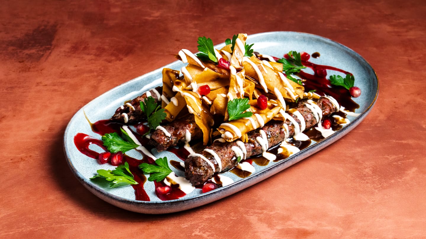 Kafta with pomegranate and crispy pastry